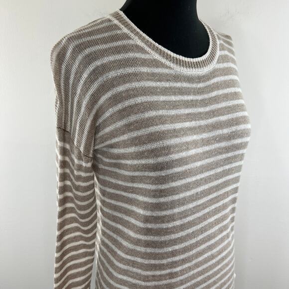 White + Warren Tan White Striped Linen Long Sleeve Round Neck Tunic Size XS - Picture 3 of 10